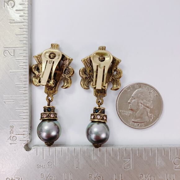 Signed Heidi Daus Gold Tone Crystal Pearl Drop Clip On Earrings VTG Swarovski? - Picture 11 of 17